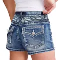 Pantalones cortos de mezclilla ajustados para mujer con bordado floral y bolsillos - S / Bottoms / Azul marino