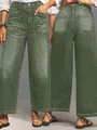 Vintage green wide-leg denim jeans featuring high waist and large front patch pockets. - Army Green (26027#)