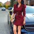 Detailed view of fashionable burgundy deep V-neck mini dress with puff sleeves and waist belt. - S / Dresses / Burgundy