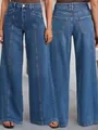Jean taille haute élégant à jambes larges pour femmes en délavage bleu texturé classique - S / Bas / Bleu (2550#)