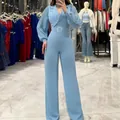 Elegant light blue long sleeve pleated jumpsuit with suit collar and belted waist - S / Top And Bottom / Light Blue