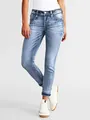 Women's slim fit stretch skinny jeans with embroidery in light blue denim finish - S / Bottoms / Dark Blue