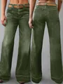 Jean en denim vert armée à taille haute et jambe large pour femme, vues avant et arrière. - S / Bas (26075#) / Vert Foncé