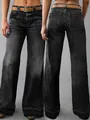 Jean large noir à taille haute pour femme, vues de face et de dos pour les détails. - S / Bas (2521#) / Noir