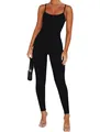 Front view detail of a black backless spaghetti strap tight-fitting jumpsuit on model - S / Jumpsuits / Black