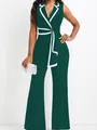Combinaison élégante sans manches à col en V vert foncé, liseré blanc contrasté et jambes larges. - Vert Foncé