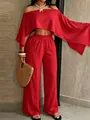 Elegante conjunto de vacaciones rojo de dos piezas con top corto y pantalones anchos - Rojo