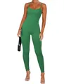 Front view of a slim fit green ribbed jumpsuit for women with spaghetti straps. - Dark Green