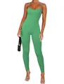 Detail of a vibrant green ribbed spaghetti strap jumpsuit showing slim fit and texture. - Green