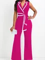 Combinaison élégante sans manches à col en V magenta avec bordure blanche et jambe large. - Rose rouge