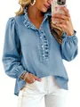 Women's blue ruffle denim shirt with puff sleeves and button-down front casual top - S / Tops / Light Blue
