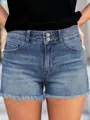 Pantalones cortos vaqueros azules de tiro alto con dobladillo deshilachado y botones. - S / Bottoms / Azul marino
