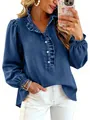 Stylish blue denim blouse with ruffled collar and puff princess sleeves for modern women - S / Tops / Dark Blue