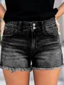 Pantalones cortos vaqueros negros lavados de talle alto y corte ajustado con bajos - S / Bottoms / Negro