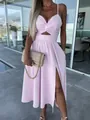 Vestido midi rosa claro elegante con corpiño retorcido y abertura lateral pronunciada. - S / Vestidos / Rosa Púrpura