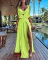 Elegante set maxi abito due pezzi verde neon con top a reggiseno e spacco molto profondo - Verde / Taglia S