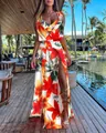 Tropical floral print two-piece set featuring high-slit maxi skirt and matching vest top - S / Top And Bottom / Red Green Floral