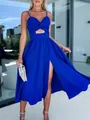 Elegante vestido midi azul real con tirantes, nudo delantero, abertura y raja alta. - S / Vestidos / Azul