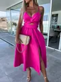 Vestido midi fucsia elegante con abertura en la cintura y detalle de abertura alta - S / Vestidos / Rosa rojo