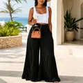 Pantalones elegantes de mujer con talle alto y perneras anchas plisadas negras - S / Bottoms / Negro