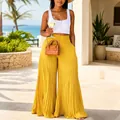 Elegantes pantalones de vacaciones plisados de pierna ancha y cintura alta en amarillo para verano - S / Bottoms / Amarillo