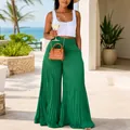 Pantalones plisados verdes de talle alto y pierna ancha para vacaciones de verano - S / Bottoms / Verde