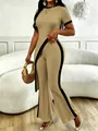 Khaki ribbed two-piece set with asymmetrical crop top and contrast wide leg pants. - Khaki