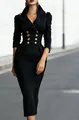 Elegant black double-breasted dress with gold buttons and high waist silhouette. - S / Dresses / Black