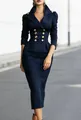 Elegant navy blue high waist slim fit midi dress with gold double breasted buttons for women - S / Dresses / Navy Blue