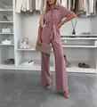 Elegant short-sleeve shirt-collar jumpsuit with waist tie in dusty rose mauve color - S / Jumpsuits / Dark Red