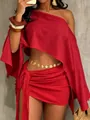 Elegante set due pezzi top a pieghe rosso e minigonna a portafoglio - Rosso