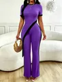 Purple ribbed two-piece outfit with black contrast trim and stylish wide-leg trousers. - S / Top And Bottom / Purple