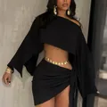 Sexy black two-piece set with one-shoulder top and wrap skirt for vacation - S / Top And Bottom / Black