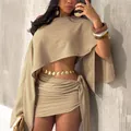 Elegant beige one-shoulder top and tie-wrap mini skirt two-piece vacation set for women - S / Top And Bottom / Apricot