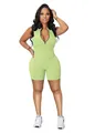 Slim fit lime green ribbed zip-up romper jumpsuit for women in trendy candy color style. - S / Dresses / Green