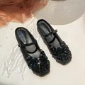 Elegant black Mary Jane mules with sparkling rhinestone toes and square toe design - 34 / Black