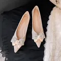 Champagne pointed toe flats with elegant rhinestone bow and pearl accents for women - 34 / Apricot