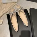 Elegant nude ballet flats with sparkling rhinestone bow and full crystal embellishment - 35 / Rhinestone Bow Style (999-9) / Apricot
