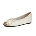 Ballerines élégantes en cuir beige avec bout doré vintage et détail de nœud délicat - 34 / Blanc Cassé
