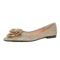 Elegant gold glitter flat shoes with floral accent and pointed toe for weddings events - 34 / Gold