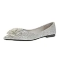 Elegant silver glitter pointed toe flat wedding shoes with a large 3D flower decoration - 34 / Silver