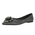 Silver glitter pointed-toe flats with flower decoration for wedding and bridesmaids - 34 / Black