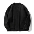 Heavyweight black knit cardigan sweater with V-neck and pockets for men and women - M / Tops / Black