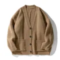 Oversized khaki chunky knit cardigan with V-neck and buttons for men and women. - M / Tops / Khaki
