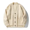 Chunky knit cream cardigan sweater with black buttons and two front pockets - M / Tops / Cream