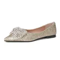 Gold glitter pointed-toe flat shoes for women with an ornate silver rhinestone bow - 34 / Gold
