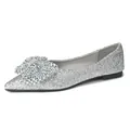 Elegant silver glitter pointed toe flat shoes with decorative rhinestone bow. - 34 / Silver