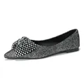 Elegant silver glitter flat shoes with rhinestone bow accent for weddings and banquets. - 34 / Black