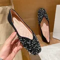 Elegant black square toe flat shoes for women decorated with pearls and rhinestones - 34 / Black