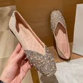 Elegant beige flat shoes with pearl and rhinestone embellishments on the toe - 34 / Apricot